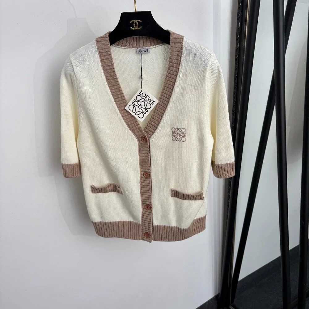 LOEWE Two-Tone Cream Knit V-Neck Cardigan Buttons